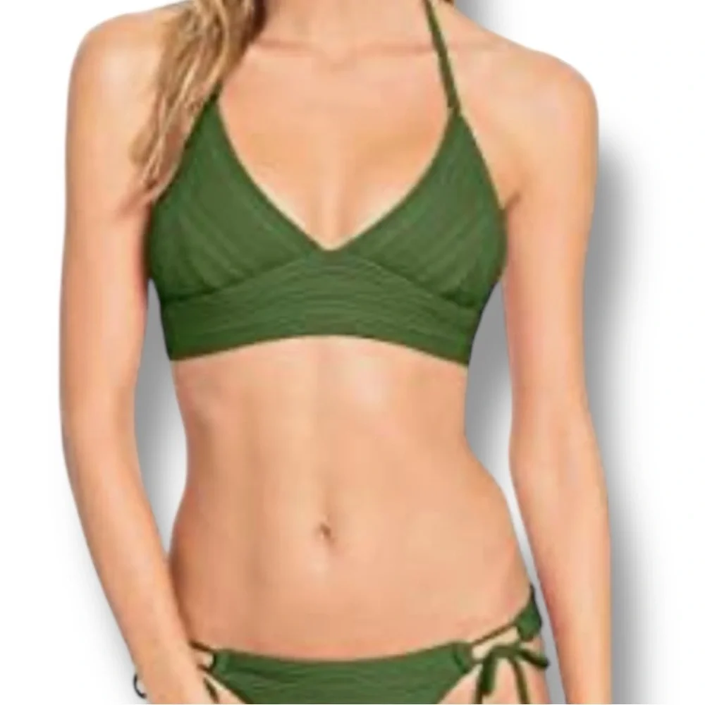 Robin Piccone Lily Ribbed Halter Triangle Bikini Top Basil Green L NWOT